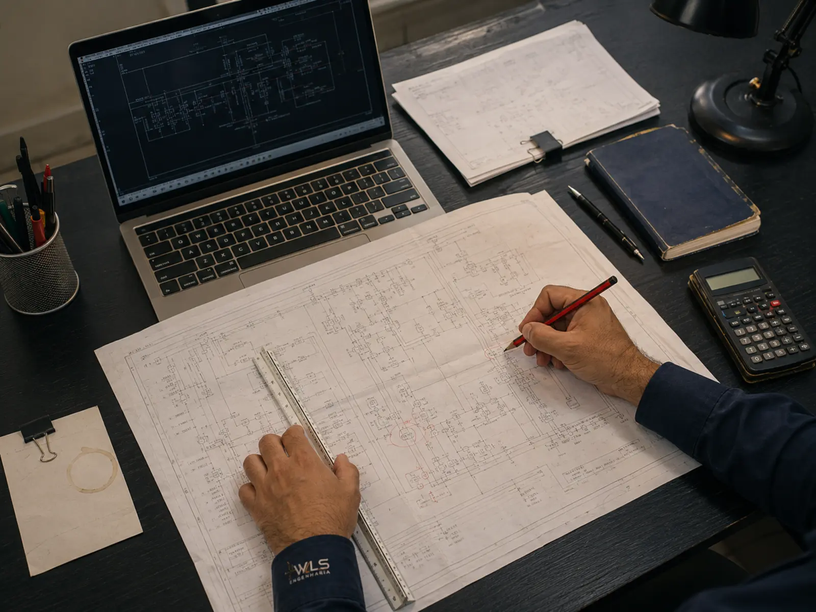 Imagem editorial representando desenvolvimento de projeto elétrico em CAD com marcações de revisão