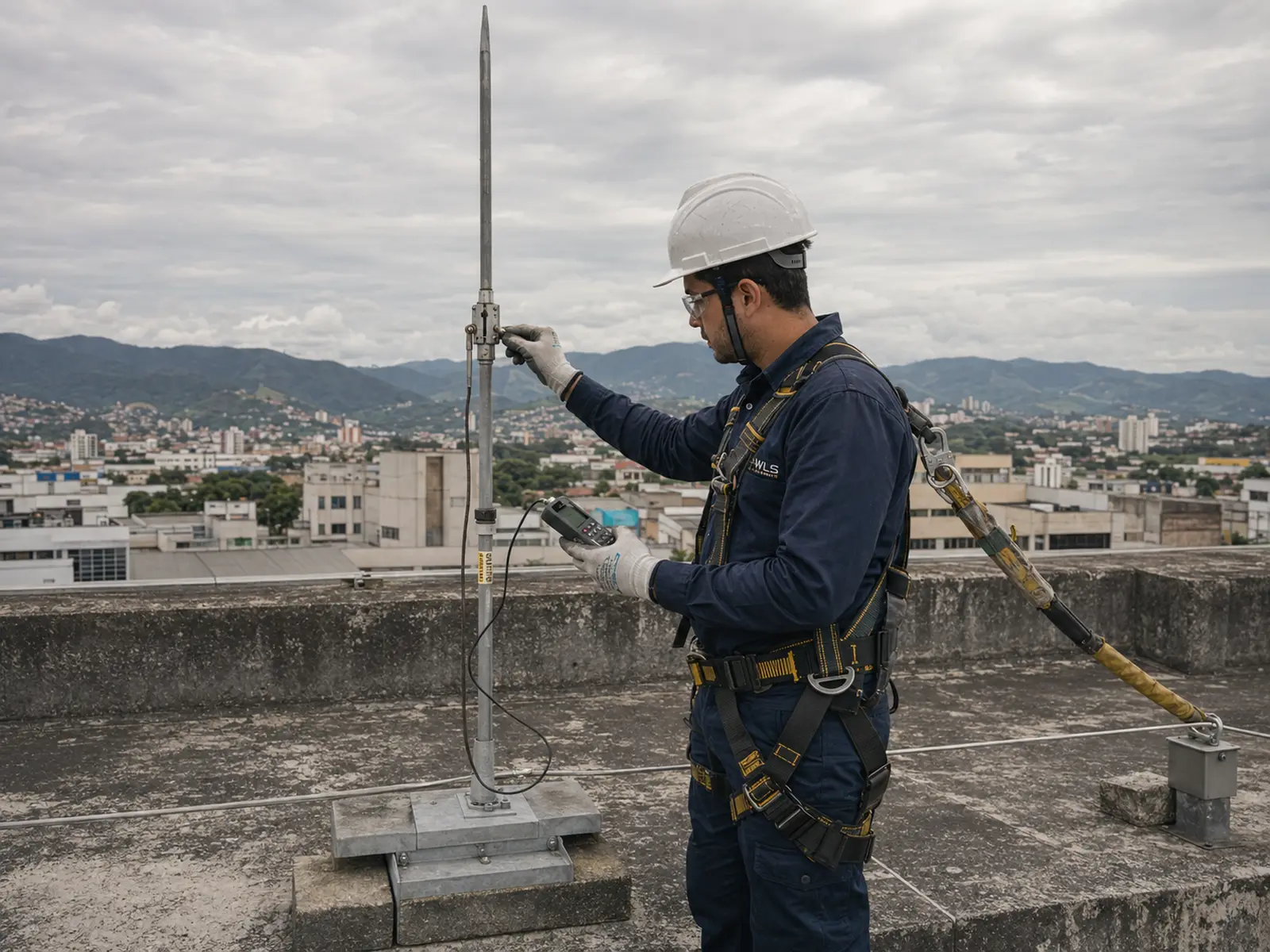 Imagem editorial representando sistema de proteção contra descargas atmosféricas em cobertura