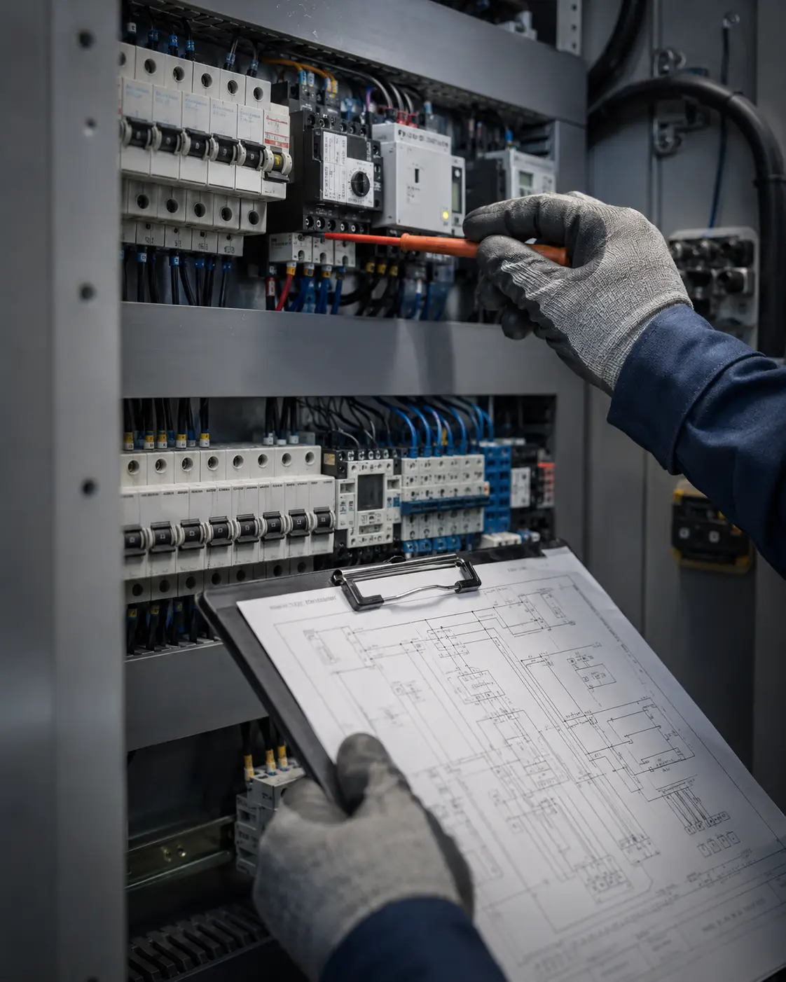 Imagem editorial de conferência de diagrama elétrico junto ao quadro