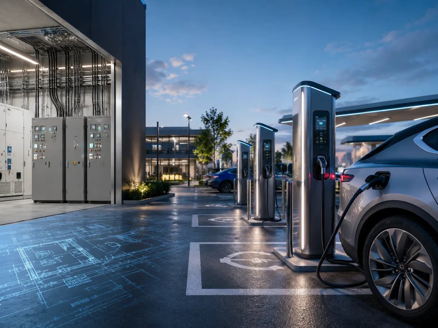 Imagem editorial de estação de recarga de veículos elétricos