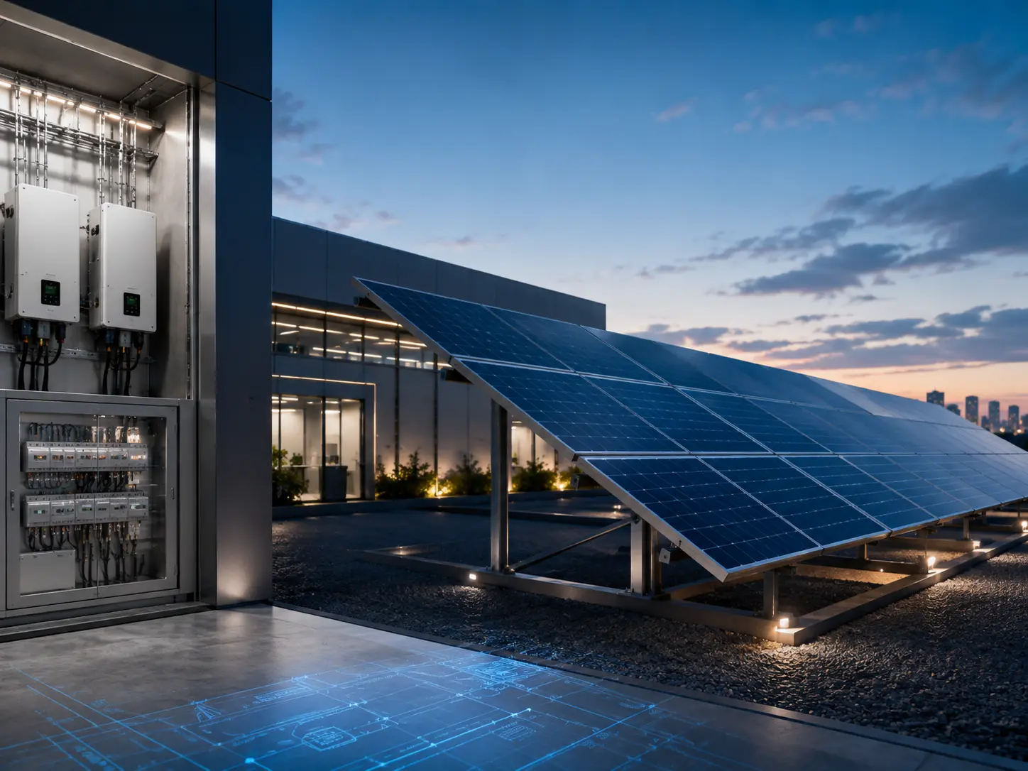 Imagem editorial de sistema fotovoltaico em cobertura